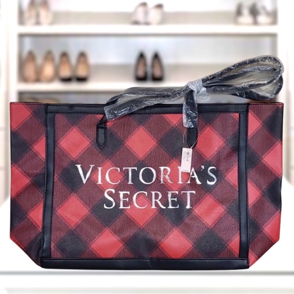 Victoria's Secret Handbags - New Victoria Secret Plaid Black & Red Tote Bag With Shoulder Strap W /tags